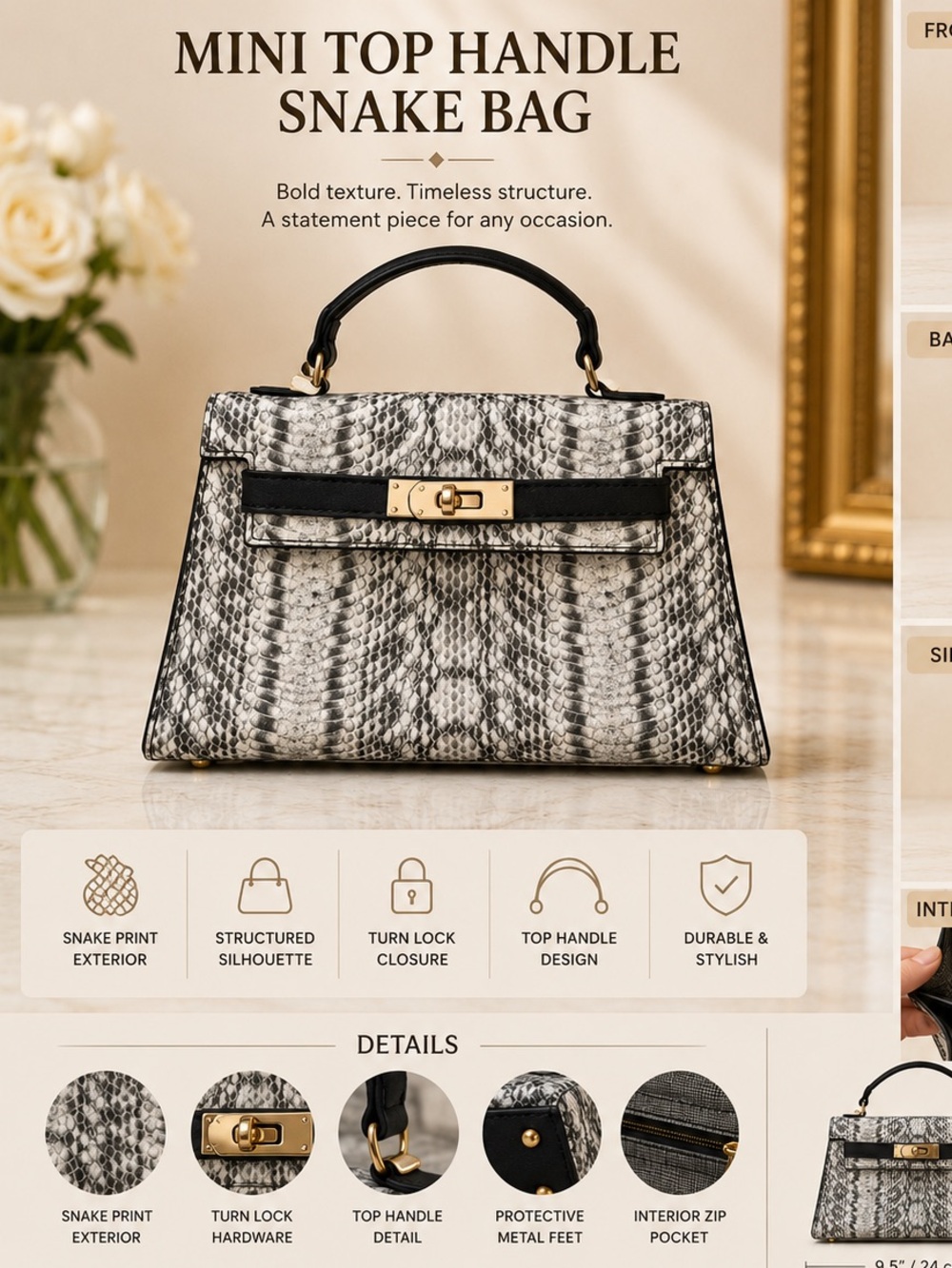 Mini Top Handle Snake Bag – Black & White